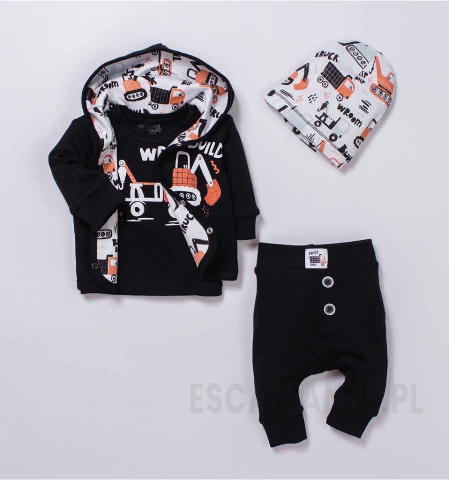 Czarne spodnie niemowlęce KOPARKI z bawełny organicznej dla chłopca