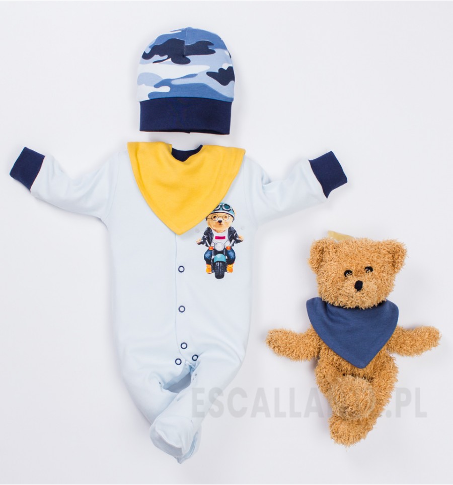 Błękitny pajac TEDDY BEAR z bawełny organicznej dla chłopca