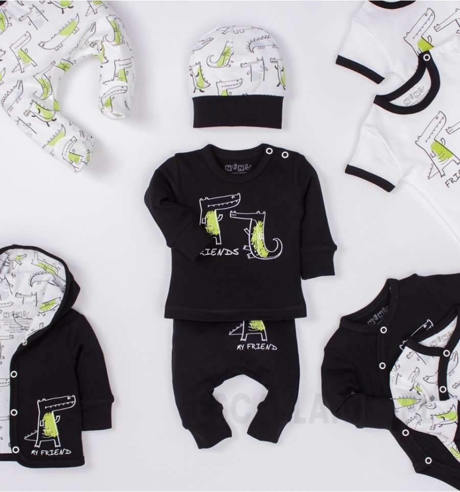 Czarne spodnie niemowlęce KROKODYL z bawełny organicznej dla chłopca