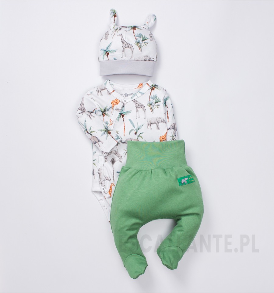 Zielone półśpiochy niemowlęce JUNGLEB z bawełny organicznej dla chłopca