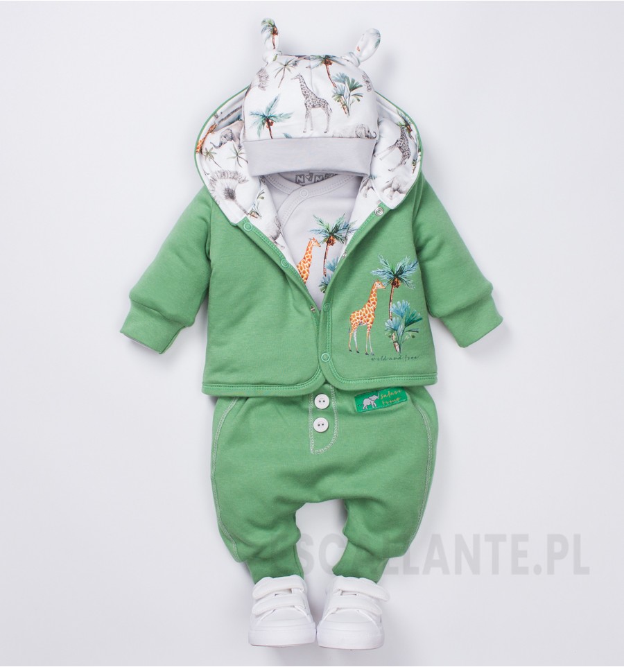Zielone spodnie niemowlęce JUNGLE z bawełny organicznej dla chłopca
