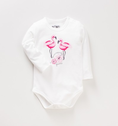 Body niemowlęce białe FLAMINGI NINI z bawełny organicznej dla dziewczynki